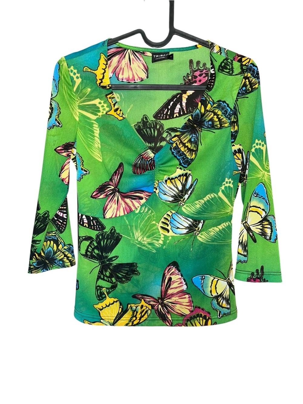Vintage Y2K Tribal Green Mesh Butterfly V-Neck Gather 3/4 Sleeve Top Size S